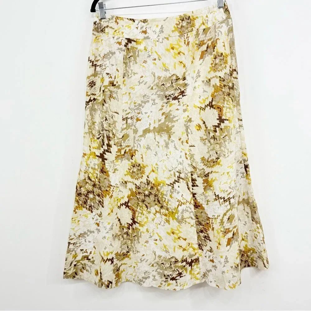 Kasper Cream Brown Yellow Abstract Reptile Linen Blend A Line Midi Skirt